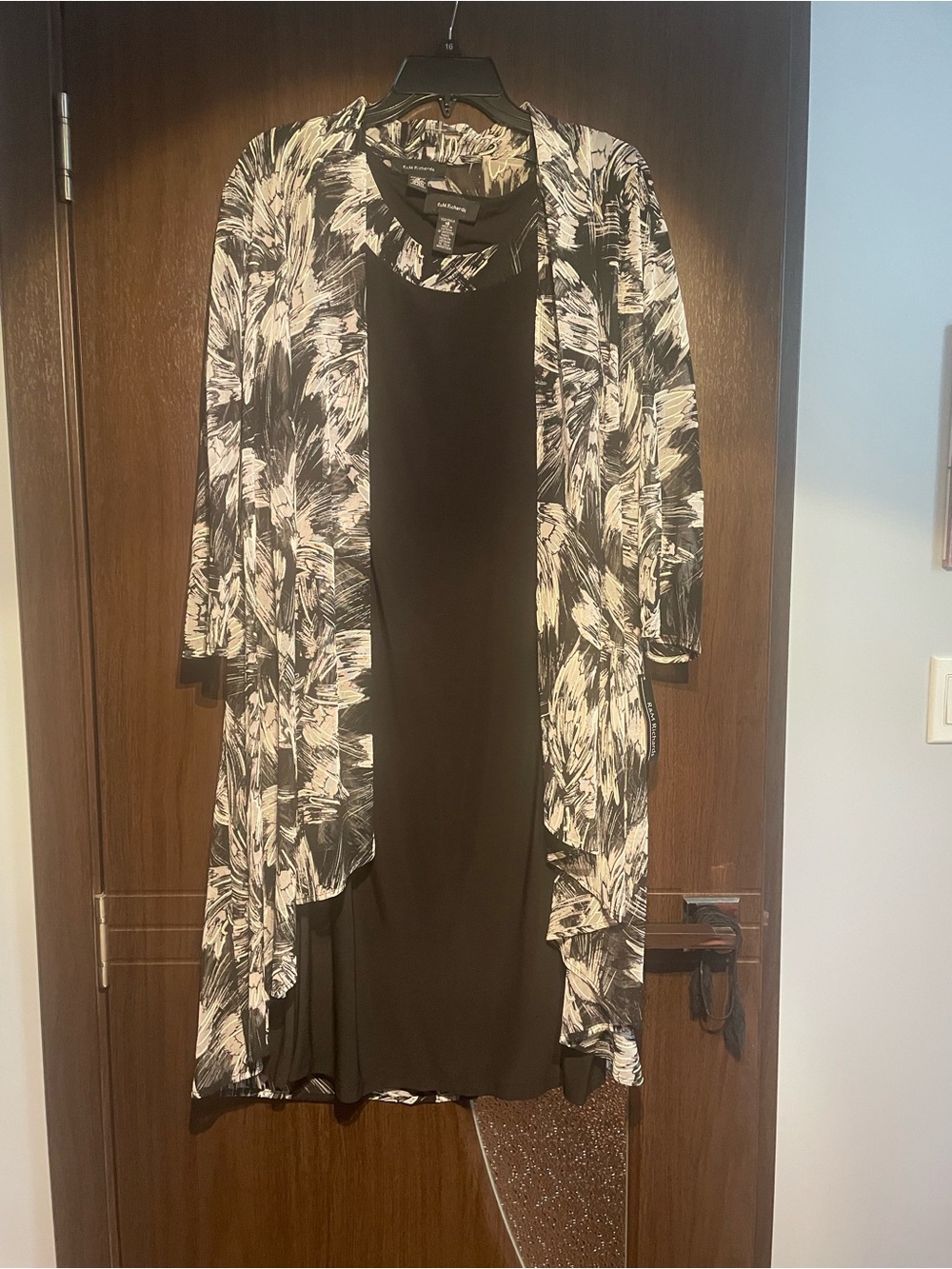 R&M Richards Black Dress with Black-and-White Printed Overlay